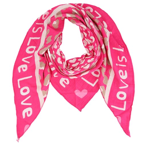 Damen Musselin Halstuch Made in Italy mit Leo Love Happy– Leichtes Dreieckstuch für Frühling & Sommer, Baumwolle, ca.195x85 cm (Love Pink) von MIRROSI
