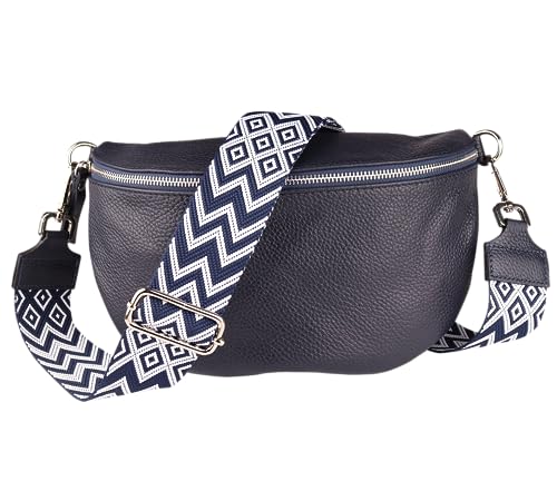 MIRROSI® Bauchtasche Damen, Echtleder, Made in Italy, Umhängetasche, Brusttasche, Crossbody Bag (1 Tasche & 2 Gurte) (Navy (Bohemian Navy Weiß), Große Tasche (28x18x9cm)) von MIRROSI