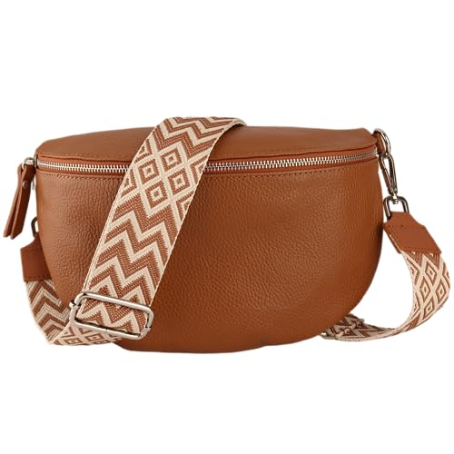 MIRROSI® Bauchtasche Damen, Echtleder, Made in Italy, Umhängetasche, Brusttasche, Crossbody Bag (1 Tasche & 2 Gurte) (Cognac (Bohemian Braun Beige), Große Tasche (28x18x9cm)) von MIRROSI