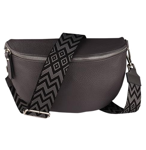 MIRROSI® Bauchtasche Damen, Echtleder, Made in Italy, Umhängetasche, Brusttasche, Crossbody Bag (1 Tasche & 2 Gurte) (Dunkelgrau (Bohemian Dunkelgrau Schwarz), Große Tasche (28x18x9cm)) von MIRROSI