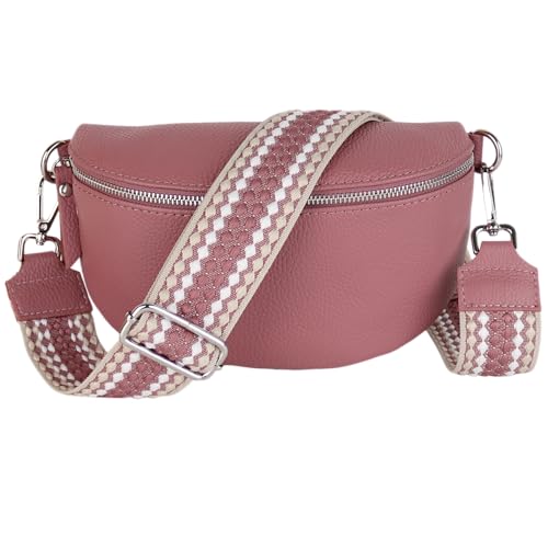 MIRROSI® Bauchtasche Damen, Echtleder, Made in Italy, Umhängetasche, Brusttasche, Crossbody Bag (1 Tasche & 2 Gurte) (Altrosa (Pünktchen), Große Tasche (28x18x9cm)) von MIRROSI