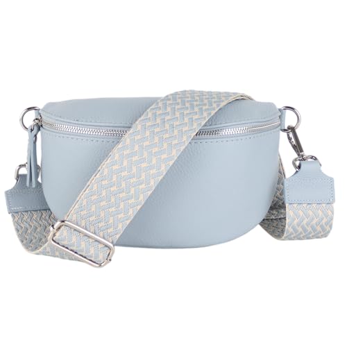 MIRROSI® Bauchtasche Damen, Echtleder, Made in Italy, Umhängetasche, Brusttasche, Crossbody Bag (1 Tasche & 2 Gurte) (Babyblau (Flecht Babyblau), Kleine Tasche (22x13x6cm)) von MIRROSI