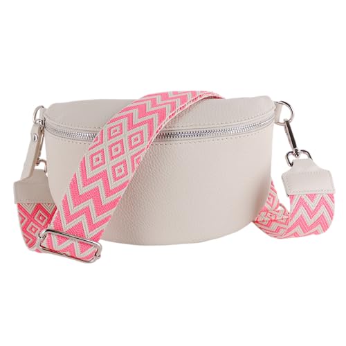 MIRROSI® Bauchtasche Damen, Echtleder, Made in Italy, Umhängetasche, Brusttasche, Crossbody Bag (1 Tasche & 2 Gurte) (Beige(Bohemian NEO PINK), Mittelgroße Tasche (25x16x7cm)) von MIRROSI