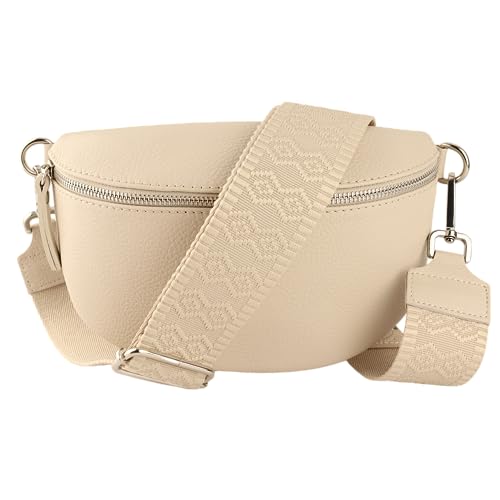 MIRROSI® Bauchtasche Damen, Echtleder, Made in Italy, Umhängetasche, Brusttasche, Crossbody Bag (1 Tasche & 2 Gurte) (Beige (Doppel Raute), Mittelgroße Tasche (25x16x7cm)) von MIRROSI