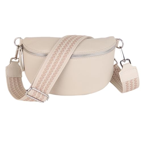 MIRROSI® Bauchtasche Damen, Echtleder, Made in Italy, Umhängetasche, Brusttasche, Crossbody Bag (1 Tasche & 2 Gurte) (Beige (Drei Lienien), Große Tasche (28x18x9cm)) von MIRROSI