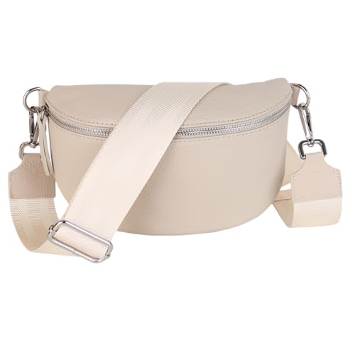 MIRROSI® Bauchtasche Damen, Echtleder, Made in Italy, Umhängetasche, Brusttasche, Crossbody Bag (1 Tasche & 2 Gurte) (Beige (Einfarbig), Mittelgroße Tasche (25x16x7cm)) von MIRROSI