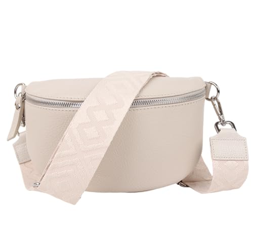 MIRROSI® Bauchtasche Damen, Echtleder, Made in Italy, Umhängetasche, Brusttasche, Crossbody Bag (1 Tasche & 2 Gurte) (Beige (Fischgerät Beige), Große Tasche (28x18x9cm)) von MIRROSI