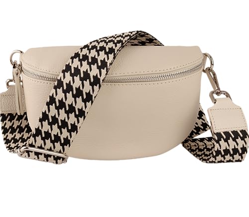 MIRROSI® Bauchtasche Damen, Echtleder, Made in Italy, Umhängetasche, Brusttasche, Crossbody Bag (1 Tasche & 2 Gurte) (Beige (Hahnentritt Beige Schwarz), Mittelgroße Tasche (25x16x7cm)) von MIRROSI