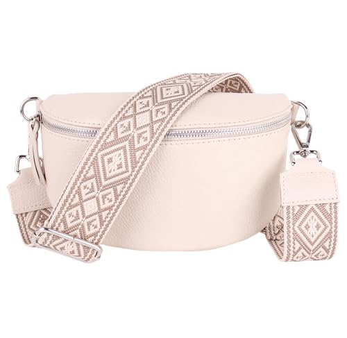 MIRROSI® Bauchtasche Damen, Echtleder, Made in Italy, Umhängetasche, Brusttasche, Crossbody Bag (1 Tasche & 2 Gurte) (Beige (KARO Beige Taupe), Mittelgroße Tasche (25x16x7cm)) von MIRROSI