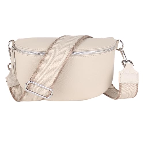 MIRROSI® Bauchtasche Damen, Echtleder, Made in Italy, Umhängetasche, Brusttasche, Crossbody Bag (1 Tasche & 2 Gurte) (Beige (Klassik Beige Taupe), Mittelgroße Tasche (25x16x7cm)) von MIRROSI