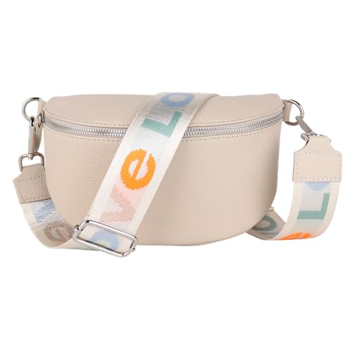 MIRROSI® Bauchtasche Damen, Echtleder, Made in Italy, Umhängetasche, Brusttasche, Crossbody Bag (1 Tasche & 2 Gurte) (Beige (LOVE Beige), Große Tasche (28x18x9cm)) von MIRROSI