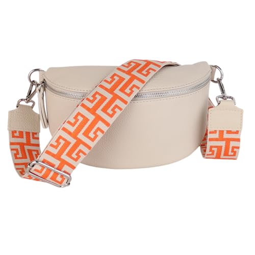 MIRROSI® Bauchtasche Damen, Echtleder, Made in Italy, Umhängetasche, Brusttasche, Crossbody Bag (1 Tasche & 2 Gurte) (Beige (NN Orange), Kleine Tasche (22x13x6cm)) von MIRROSI