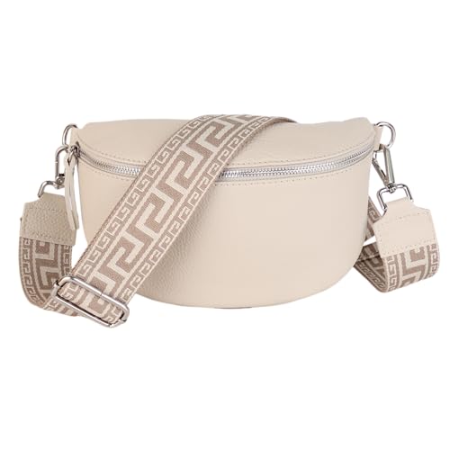 MIRROSI® Bauchtasche Damen, Echtleder, Made in Italy, Umhängetasche, Brusttasche, Crossbody Bag (1 Tasche & 2 Gurte) (Beige (NN Taupe), Mittelgroße Tasche (25x16x7cm)) von MIRROSI