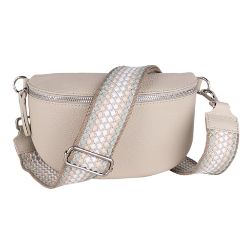 MIRROSI® Bauchtasche Damen, Echtleder, Made in Italy, Umhängetasche, Brusttasche, Crossbody Bag (1 Tasche & 2 Gurte) (Beige (Pünkchen Beige), Mittelgroße Tasche (25x16x7cm)) von MIRROSI