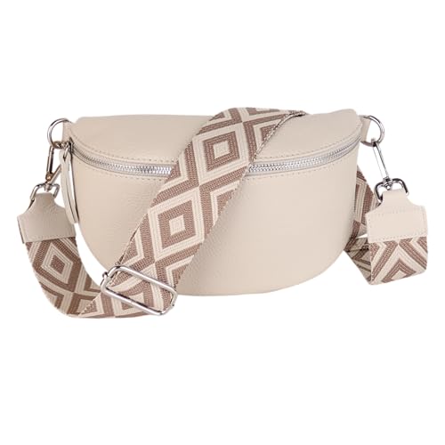 MIRROSI® Bauchtasche Damen, Echtleder, Made in Italy, Umhängetasche, Brusttasche, Crossbody Bag (1 Tasche & 2 Gurte) (Beige (Rhombus), Kleine Tasche (22x13x6cm)) von MIRROSI