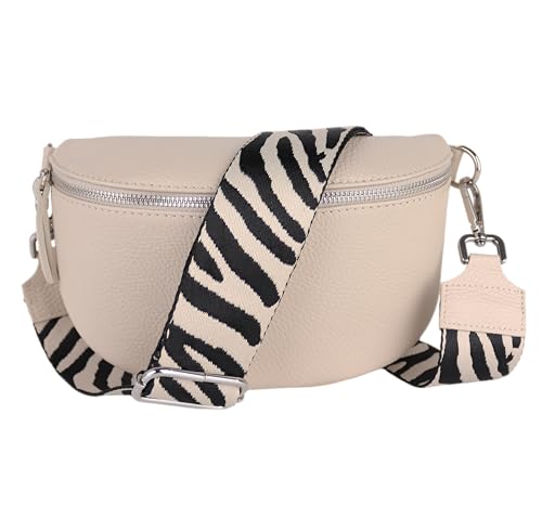 MIRROSI® Bauchtasche Damen, Echtleder, Made in Italy, Umhängetasche, Brusttasche, Crossbody Bag (1 Tasche & 2 Gurte) (Beige (Zebra Beige Schwarz), Mittelgroße Tasche (25x16x7cm)) von MIRROSI