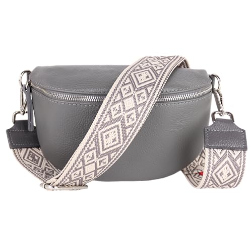 MIRROSI® Bauchtasche Damen, Echtleder, Made in Italy, Umhängetasche, Brusttasche, Crossbody Bag (1 Tasche & 2 Gurte) (Dunkelgrau (KARO Dunkelgrau), Kleine Tasche (22x13x6cm)) von MIRROSI