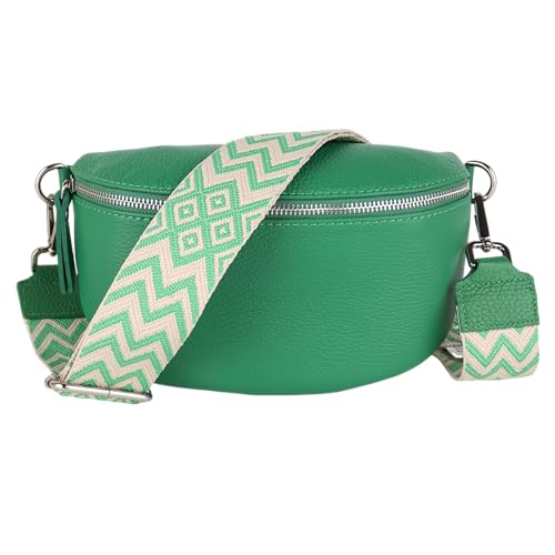 MIRROSI® Bauchtasche Damen, Echtleder, Made in Italy, Umhängetasche, Brusttasche, Crossbody Bag (1 Tasche & 2 Gurte) (Grün (Bohemian Grün), Mittelgroße Tasche (25x16x7cm)) von MIRROSI