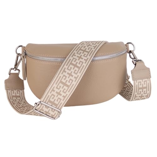 MIRROSI® Bauchtasche Damen, Echtleder, Made in Italy, Umhängetasche, Brusttasche, Crossbody Bag (1 Tasche & 2 Gurte) (Helltaupe (Plus), Mittelgroße Tasche (25x16x7cm)) von MIRROSI