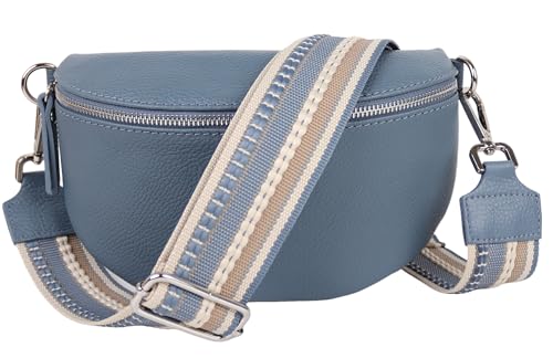 MIRROSI® Bauchtasche Damen, Echtleder, Made in Italy, Umhängetasche, Brusttasche, Crossbody Bag (1 Tasche & 2 Gurte) (Jeansblau (Streifen Jeansblau), Große Tasche (28x18x9cm)) von MIRROSI