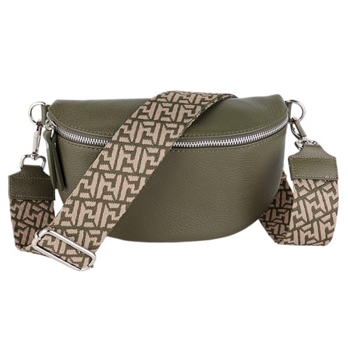 MIRROSI® Bauchtasche Damen, Echtleder, Made in Italy, Umhängetasche, Brusttasche, Crossbody Bag (1 Tasche & 2 Gurte) (Khakigrün (Netz), Kleine Tasche (22x13x6cm)) von MIRROSI