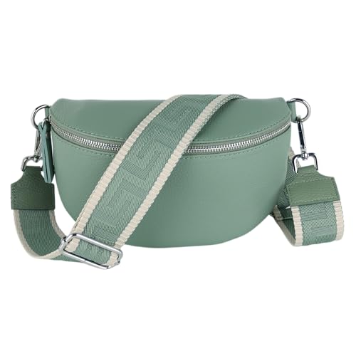 MIRROSI® Bauchtasche Damen, Echtleder, Made in Italy, Umhängetasche, Brusttasche, Crossbody Bag (1 Tasche & 2 Gurte) (Mint (Uni Mint Beige), Kleine Tasche (22x13x6cm)) von MIRROSI