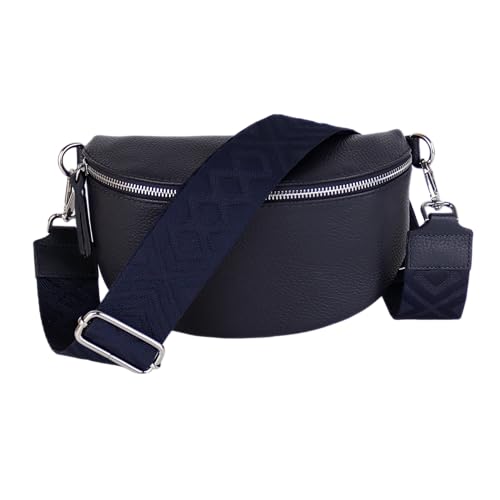 MIRROSI® Bauchtasche Damen, Echtleder, Made in Italy, Umhängetasche, Brusttasche, Crossbody Bag (1 Tasche & 2 Gurte) (Navy (Fischgerät), Kleine Tasche (22x13x6cm)) von MIRROSI