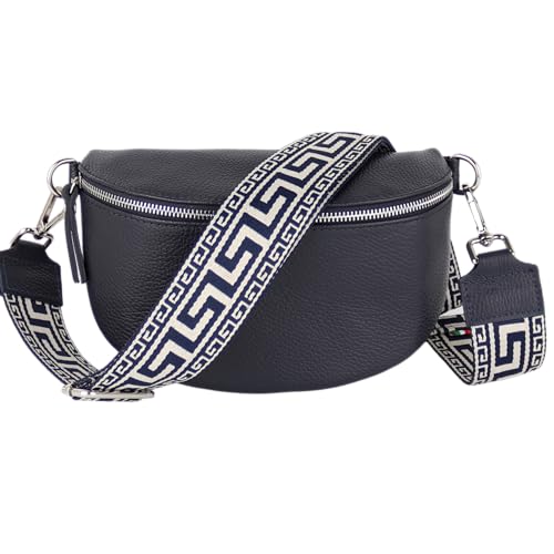 MIRROSI® Bauchtasche Damen, Echtleder, Made in Italy, Umhängetasche, Brusttasche, Crossbody Bag (1 Tasche & 2 Gurte) (Navy (NN Navy), Große Tasche (28x18x9cm)) von MIRROSI