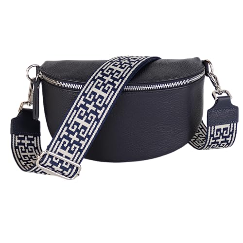 MIRROSI® Bauchtasche Damen, Echtleder, Made in Italy, Umhängetasche, Brusttasche, Crossbody Bag (1 Tasche & 2 Gurte) (Navy (Plus), Kleine Tasche (22x13x6cm)) von MIRROSI