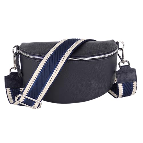 MIRROSI® Bauchtasche Damen, Echtleder, Made in Italy, Umhängetasche, Brusttasche, Crossbody Bag (1 Tasche & 2 Gurte) (Navy (Streifen), Große Tasche (28x18x9cm)) von MIRROSI