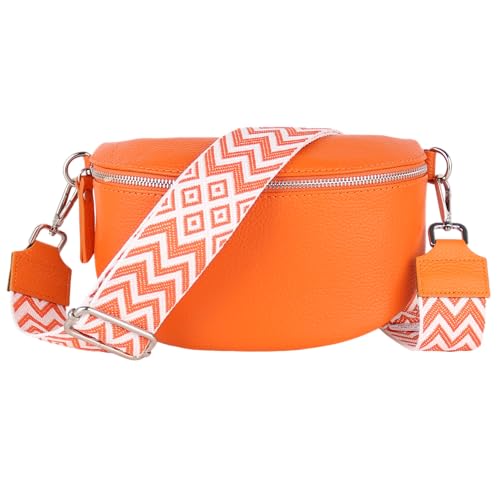 MIRROSI® Bauchtasche Damen, Echtleder, Made in Italy, Umhängetasche, Brusttasche, Crossbody Bag (1 Tasche & 2 Gurte) (Orange (Bohemian), Große Tasche (28x18x9cm)) von MIRROSI