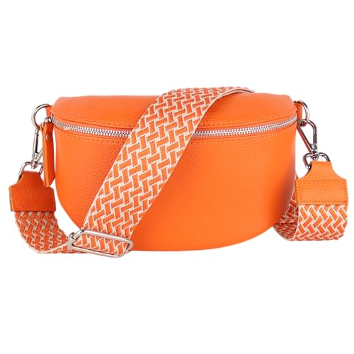 MIRROSI® Bauchtasche Damen, Echtleder, Made in Italy, Umhängetasche, Brusttasche, Crossbody Bag (1 Tasche & 2 Gurte) (Orange (Flecht), Kleine Tasche (22x13x6cm)) von MIRROSI