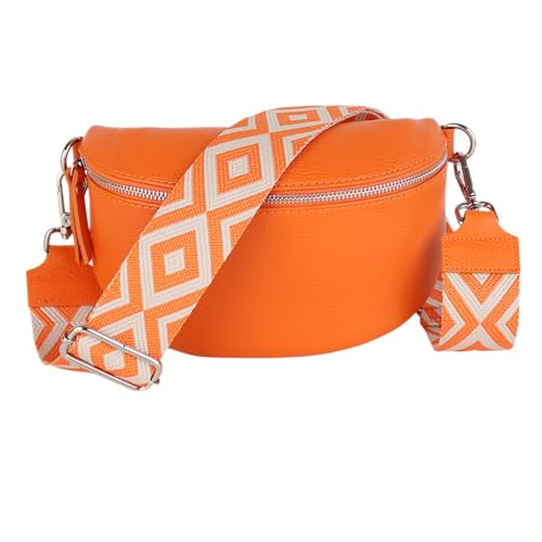 MIRROSI® Bauchtasche Damen, Echtleder, Made in Italy, Umhängetasche, Brusttasche, Crossbody Bag (1 Tasche & 2 Gurte) (Orange (Rhombus), Mittelgroße Tasche (25x16x7cm)) von MIRROSI