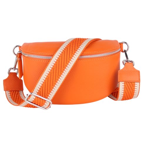 MIRROSI® Bauchtasche Damen, Echtleder, Made in Italy, Umhängetasche, Brusttasche, Crossbody Bag (1 Tasche & 2 Gurte) (Orange (Streifen), Große Tasche (28x18x9cm)) von MIRROSI