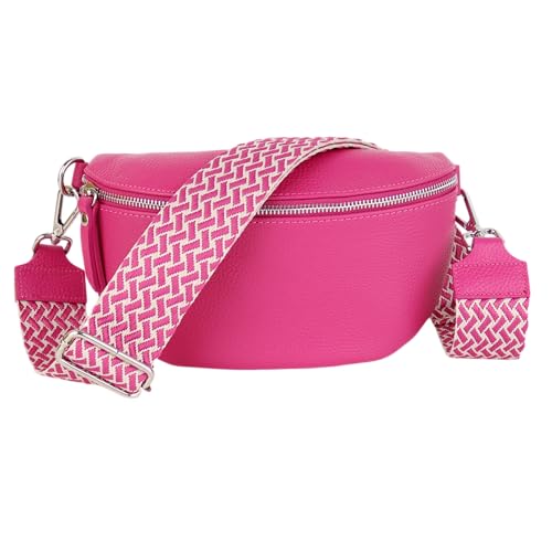 MIRROSI® Bauchtasche Damen, Echtleder, Made in Italy, Umhängetasche, Brusttasche, Crossbody Bag (1 Tasche & 2 Gurte) (Pink (Flecht), Große Tasche (28x18x9cm)) von MIRROSI