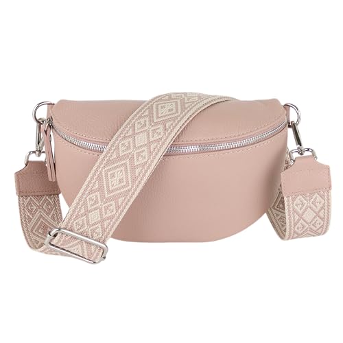 MIRROSI® Bauchtasche Damen, Echtleder, Made in Italy, Umhängetasche, Brusttasche, Crossbody Bag (1 Tasche & 2 Gurte) (Rosa (KARO Rosa), Kleine Tasche (22x13x6cm)) von MIRROSI