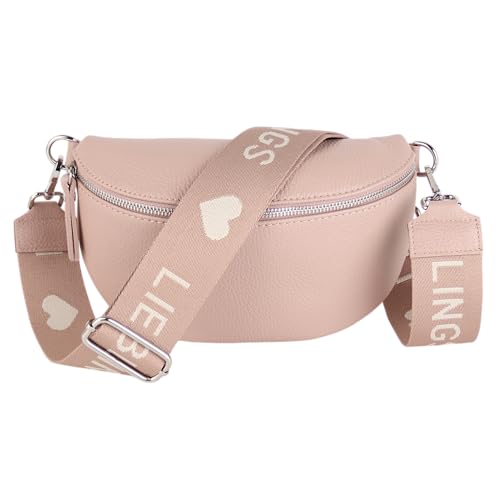 MIRROSI® Bauchtasche Damen, Echtleder, Made in Italy, Umhängetasche, Brusttasche, Crossbody Bag (1 Tasche & 2 Gurte) (Rosa (Liebling Rosa), Mittelgroße Tasche (25x16x7cm)) von MIRROSI