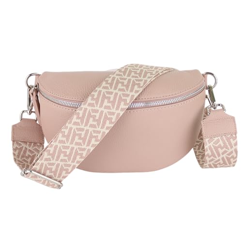 MIRROSI® Bauchtasche Damen, Echtleder, Made in Italy, Umhängetasche, Brusttasche, Crossbody Bag (1 Tasche & 2 Gurte) (Rosa (Netz), Große Tasche (28x18x9cm)) von MIRROSI