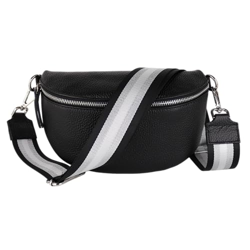 MIRROSI® Bauchtasche Damen, Echtleder, Made in Italy, Umhängetasche, Brusttasche, Crossbody Bag (1 Tasche & 2 Gurte) (Schwarz (Glitzer Schwarz), Große Tasche (28x18x9cm)) von MIRROSI