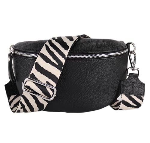 MIRROSI® Bauchtasche Damen, Echtleder, Made in Italy, Umhängetasche, Brusttasche, Crossbody Bag (1 Tasche & 2 Gurte) (Schwarz (Zebra Schwarz), Große Tasche (28x18x9cm)) von MIRROSI