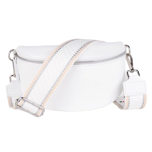 MIRROSI® Bauchtasche Damen, Echtleder, Made in Italy, Umhängetasche, Brusttasche, Crossbody Bag (1 Tasche & 2 Gurte) (Weiß (Streifen Weiß Silber), Große Tasche (28x18x9cm)) von MIRROSI