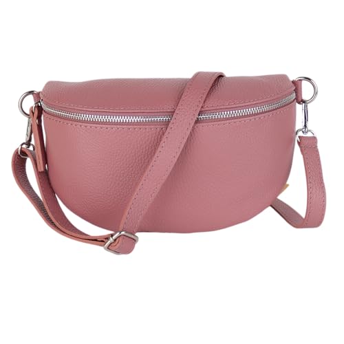 MIRROSI® Bauchtasche Damen, Made in Italy, Echtleder Umhängetasche Echtes Leder, Brusttasche, Crossbody Bag aus Echtem Leder, in 3 Größen erhältlich (Altrosa Silberner Reißverschluss) (Gr.L) von MIRROSI