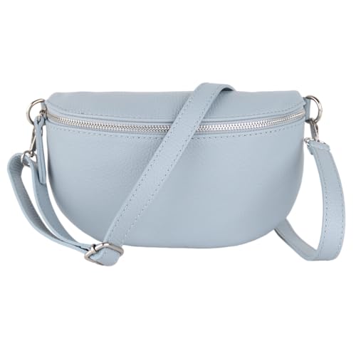 MIRROSI® Bauchtasche Damen, Made in Italy, Echtleder Umhängetasche Echtes Leder, Brusttasche, Crossbody Bag aus Echtem Leder, in 3 Größen erhältlich (Babyblau Silberner Reißverschluss) (Gr.L) von MIRROSI