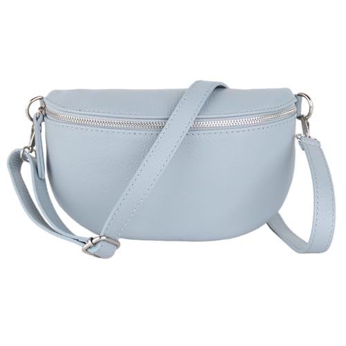 MIRROSI® Bauchtasche Damen, Made in Italy, Echtleder Umhängetasche Echtes Leder, Brusttasche, Crossbody Bag aus Echtem Leder, in 3 Größen erhältlich (Babyblau Silberner Reißverschluss) (Gr.M) von MIRROSI