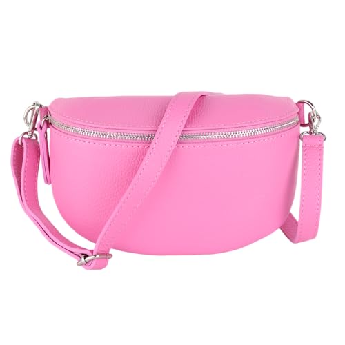 MIRROSI® Bauchtasche Damen, Made in Italy, Echtleder Umhängetasche Echtes Leder, Brusttasche, Crossbody Bag aus Echtem Leder, in 3 Größen erhältlich (Babyrosa Silberner Reißverschluss) (Gr.L) von MIRROSI