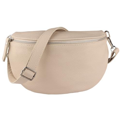 MIRROSI® Bauchtasche Damen, Made in Italy, Echtleder Umhängetasche Echtes Leder, Brusttasche, Crossbody Bag aus Echtem Leder, in 3 Größen erhältlich (Beige Silberner Reißverschluss) (Gr.M) von MIRROSI