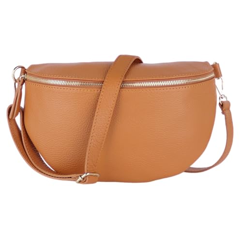 MIRROSI® Bauchtasche Damen, Made in Italy, Echtleder Umhängetasche Echtes Leder, Brusttasche, Crossbody Bag aus Echtem Leder, in 3 Größen erhältlich (Braun Goldner Reißverschluss) (Gr.L) von MIRROSI