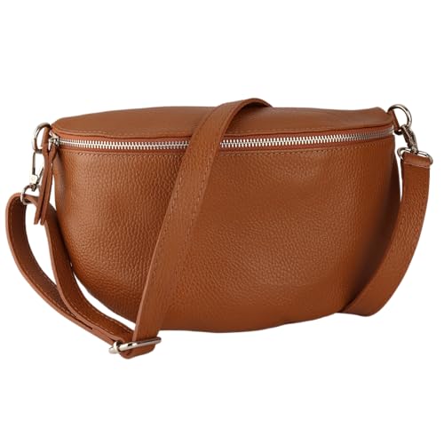 MIRROSI® Bauchtasche Damen, Made in Italy, Echtleder Umhängetasche Echtes Leder, Brusttasche, Crossbody Bag aus Echtem Leder, in 3 Größen erhältlich (Braun Silberner Reißverschluss) (Gr.M) von MIRROSI