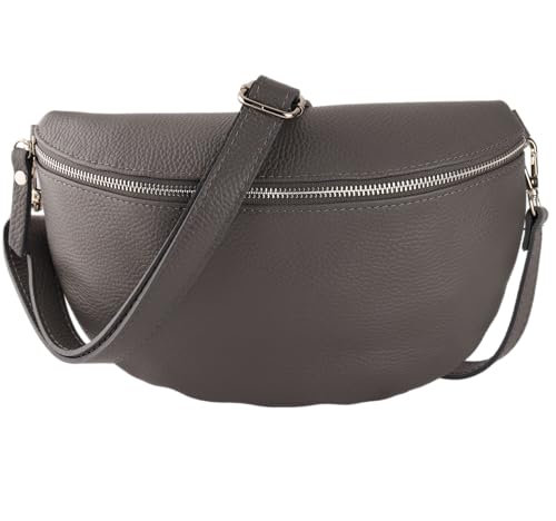 MIRROSI® Bauchtasche Damen, Made in Italy, Echtleder Umhängetasche Echtes Leder, Brusttasche, Crossbody Bag aus Echtem Leder, in 3 Größen erhältlich (Dunkelgrau Silberner Reißverschluss) (Gr.L) von MIRROSI