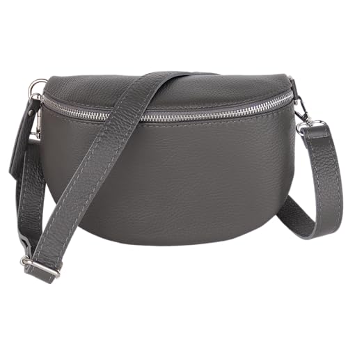 MIRROSI® Bauchtasche Damen, Made in Italy, Echtleder Umhängetasche Echtes Leder, Brusttasche, Crossbody Bag aus Echtem Leder, in 3 Größen erhältlich (Dunkelgrau Silberner Reißverschluss) (Gr.M) von MIRROSI